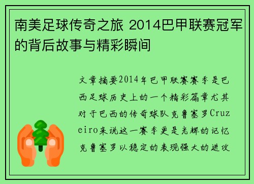 南美足球传奇之旅 2014巴甲联赛冠军的背后故事与精彩瞬间