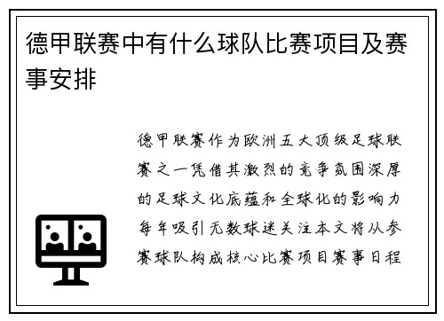 德甲联赛中有什么球队比赛项目及赛事安排